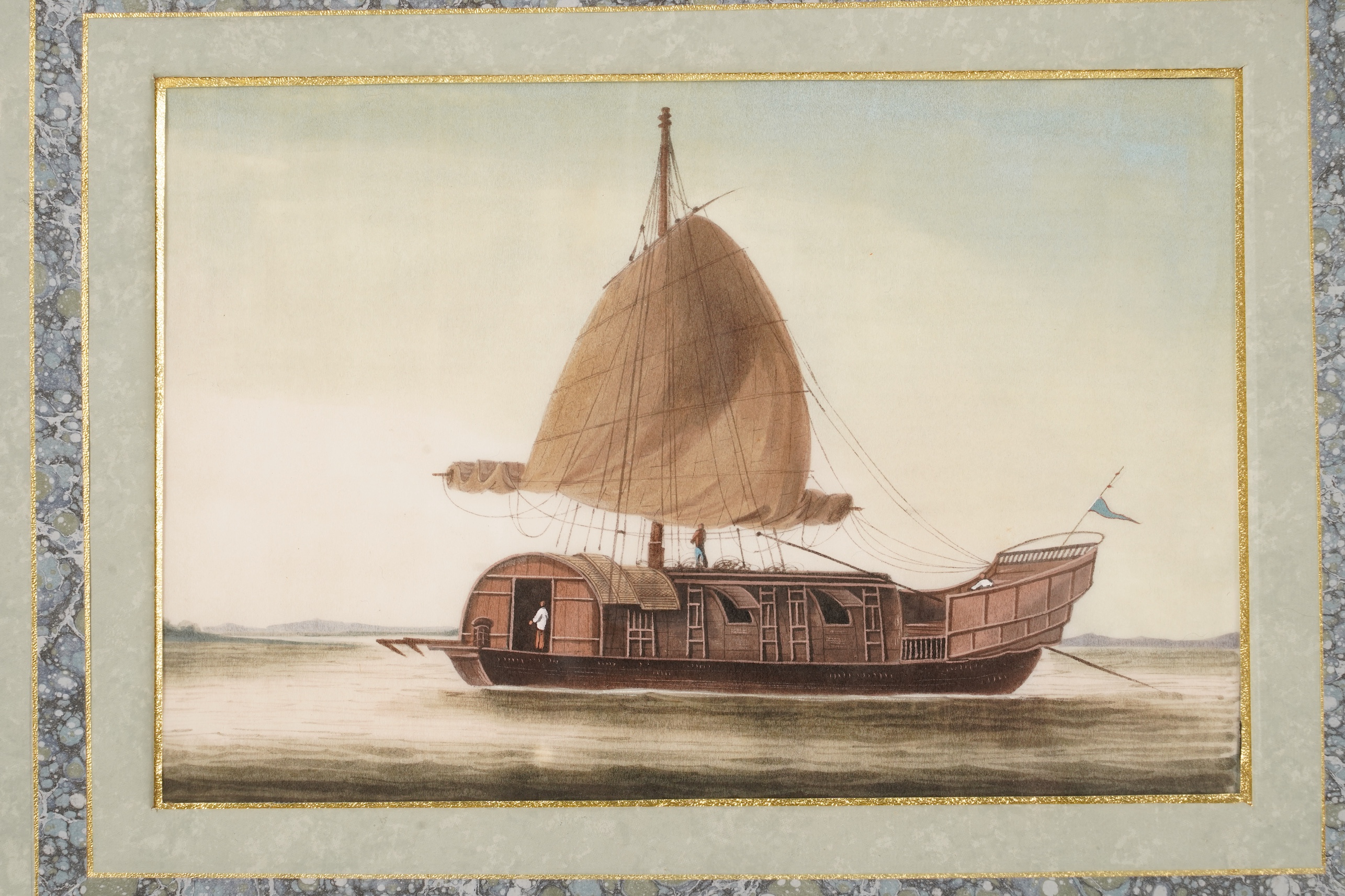 Chinese School , (Mid 19th century), Chinese junk boats in landscapes, Watercolour on pith paper, Image 15cm x 22.5cm